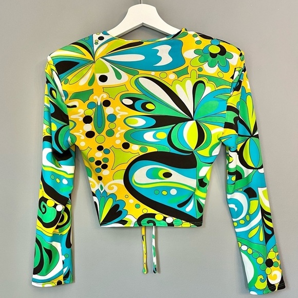 NWT Zara Y2K Multi-Coloured, Pucci Print, Long-Sleeved, Ruched, Cropped Top - Picture 3 of 11